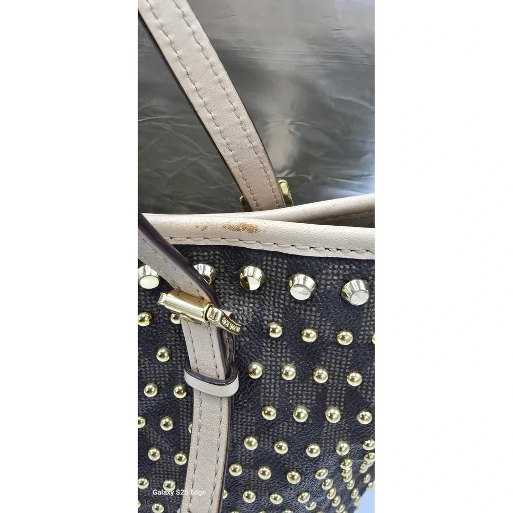 Michael Kors Selma Studded Tote Bag Brown Monogram Gold Studs Medium Handbag